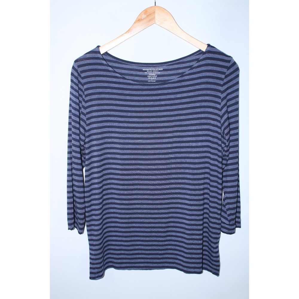 Majestic Filatures Women's Size 3 Blue Navy Blue Striped 3/4 Sleeve T-Shirt